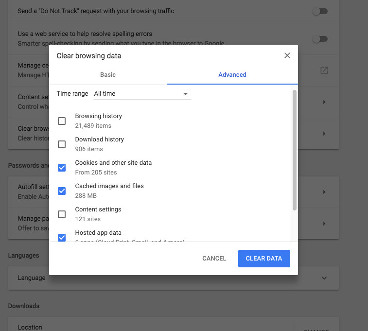 Clearing Google Chrome cache and Hosted App Data