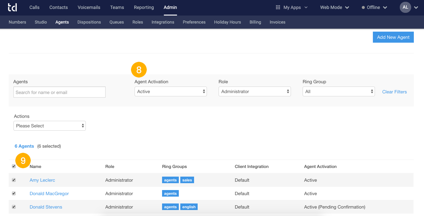 Managing agents using search, filters and bulk actions – Talkdesk Support