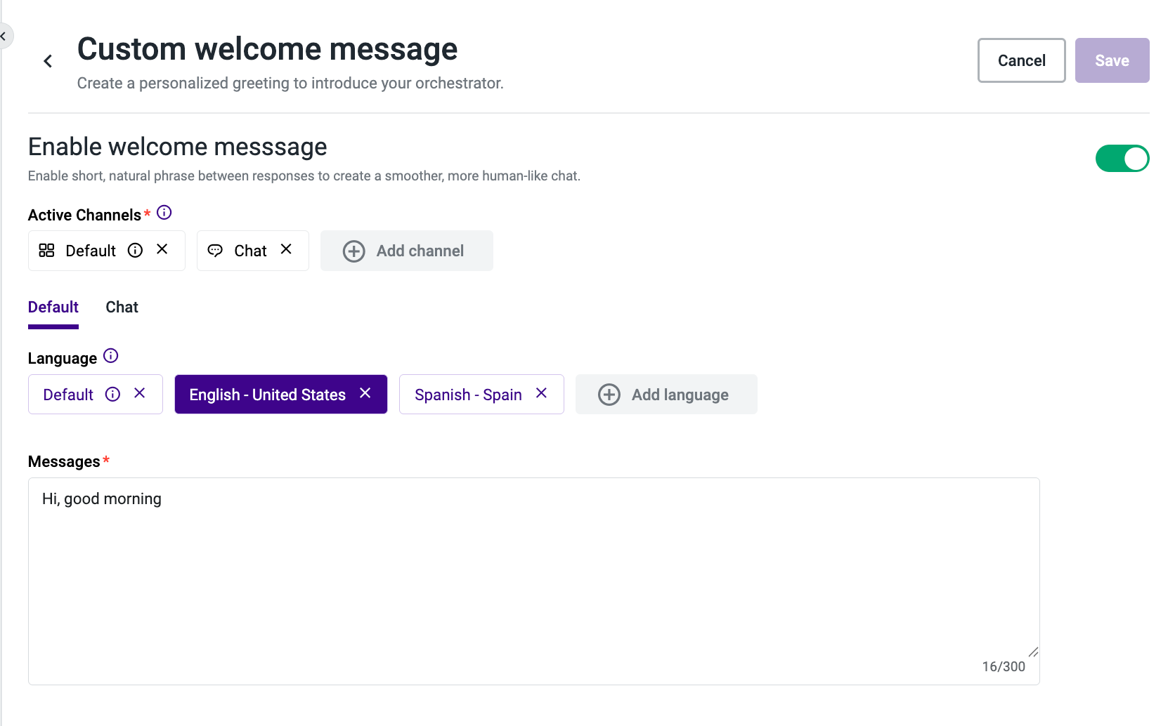 AI Agent Platform: Settings - Custom Welcome Message – Knowledge Base
