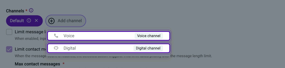 Use Default, or select Add channel to configure a specific channel.