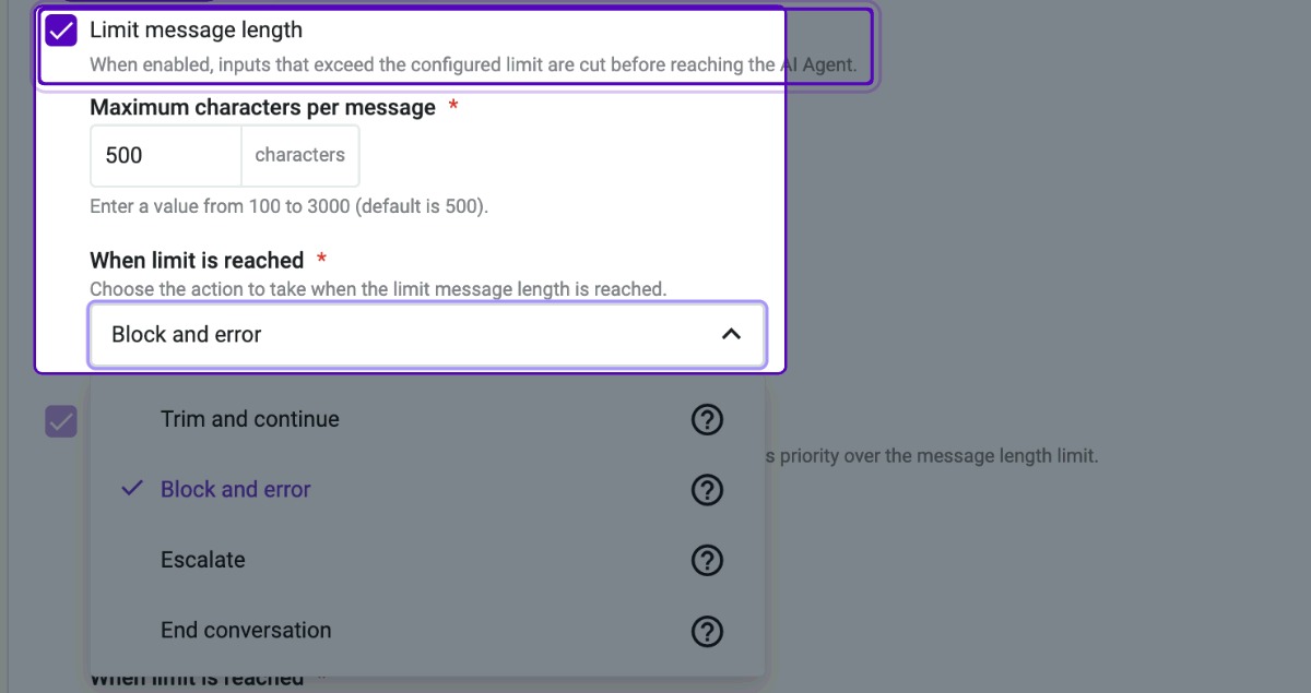 Limit message length: maximum characters per message and action when the limit is reached.