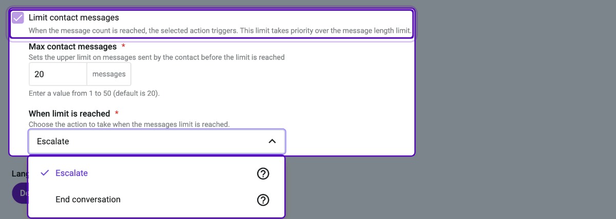 Limit contact messages: maximum messages and action when the limit is reached.