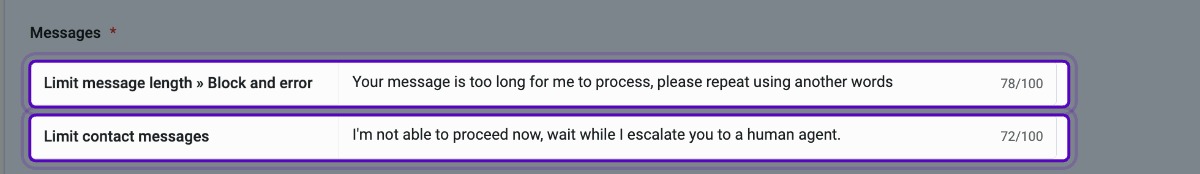 Messages configured for each limit (up to 100 characters each).